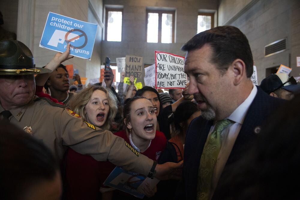 Protesters yell at Rep. Jeremy Faison at TN state capital - AP - 3.31.23